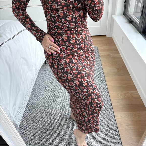 SOLD - Ramy Brook Turtleneck Floral Print Bodycon Midi Dress Brown Small - Picture 4 of 10